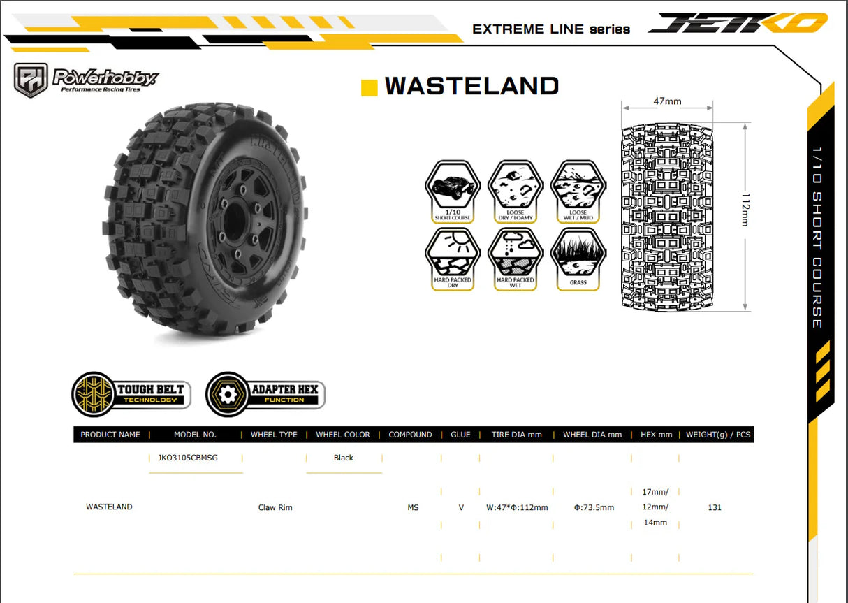 Powerhobby PHB3105CBMSGB WASTELAND SC Belted Tires (2) with Removable Hex Wheels