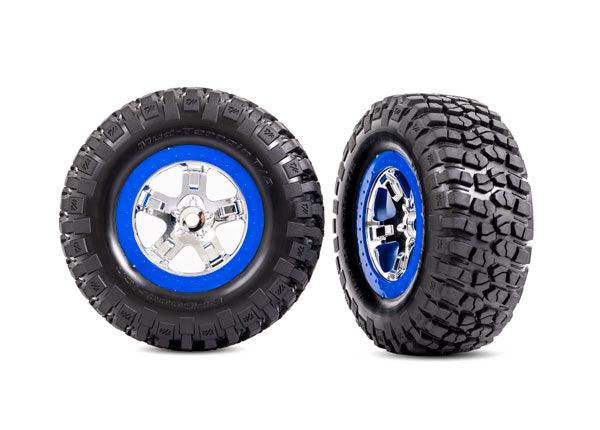 Traxxas 5867A Pneus et roues, assemblés, collés (chrome SCT, roues bleues de style Beadlock, pneus BFGoodrich® Mud-Terrain™ T/A® KM2, inserts en mousse) (2) (4 roues motrices avant/arrière, 2 roues motrices arrière uniquement)