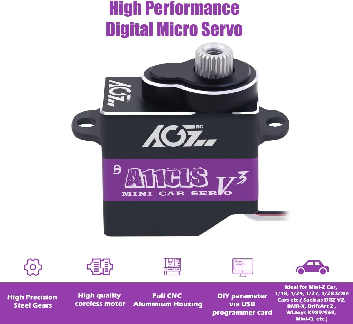 AGFRC Mini-Z-Car Micro Steering Servo - 11g Upgrade Programmable 0.050sec High Speed Full Metal Gear Mini Digital Coreless Servo, Control Angle 180° (A11CLS V3)