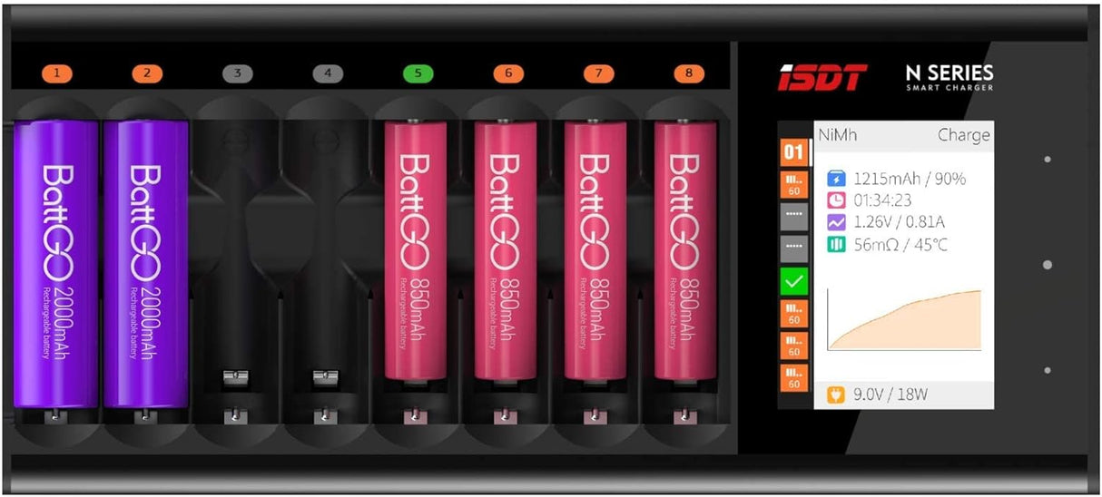ISDT LCD Display Universal Battery Charger N8 8-Slot Speedy Smart Fast Charger Rechargeable AAA/AA Li-lon LiHv Ni-MH Ni-Cd
