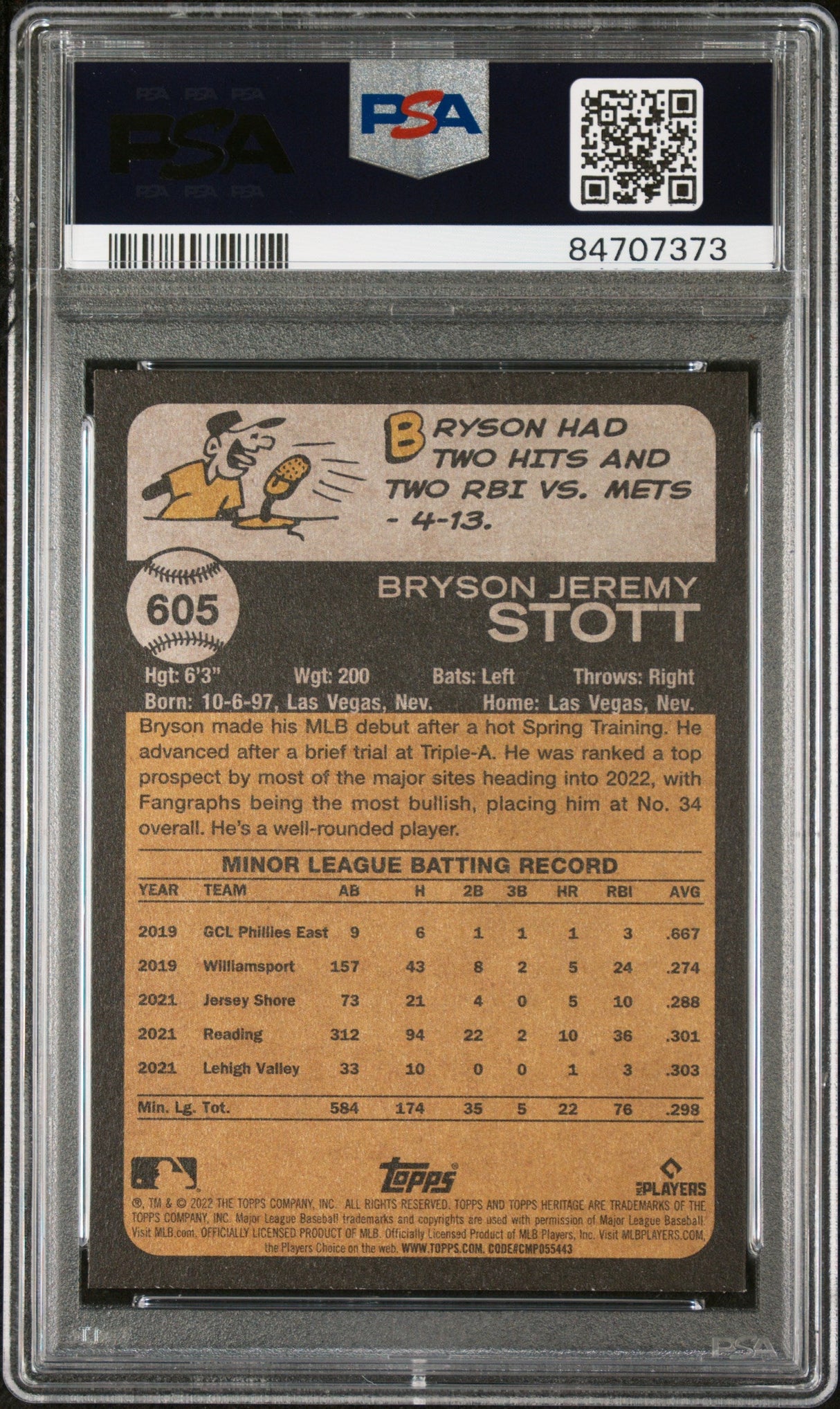 2022 TOPPS HERITAGE BRYSON STOTT #605 - PSA 10 ROOKIE CARD