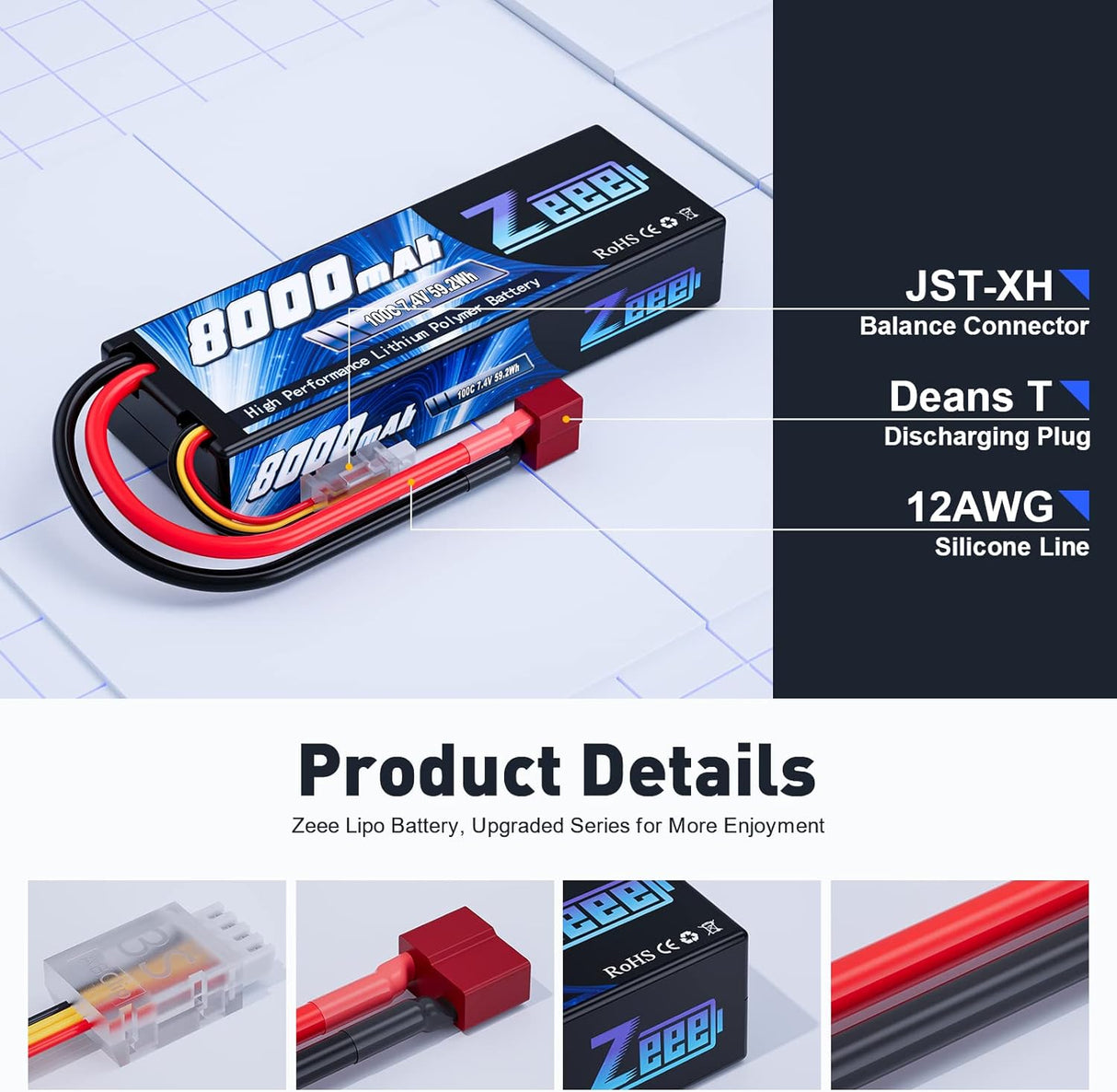 Batterie Lipo Zeee 2S 8000mAh 7.4V 100C, étui rigide, prise Deans