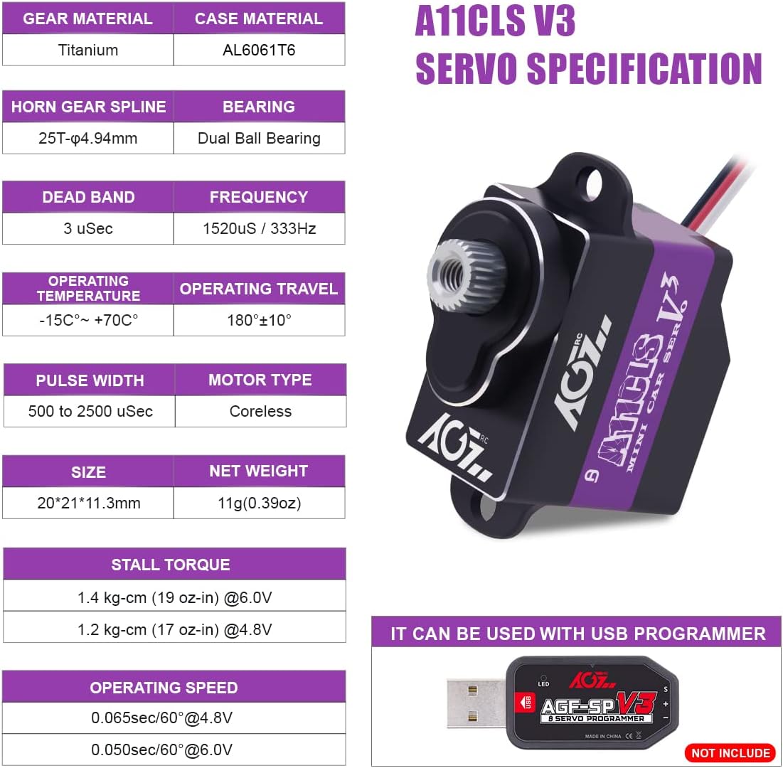 AGFRC Mini-Z-Car Micro Steering Servo - 11g Upgrade Programmable 0.050sec High Speed Full Metal Gear Mini Digital Coreless Servo, Control Angle 180° (A11CLS V3)
