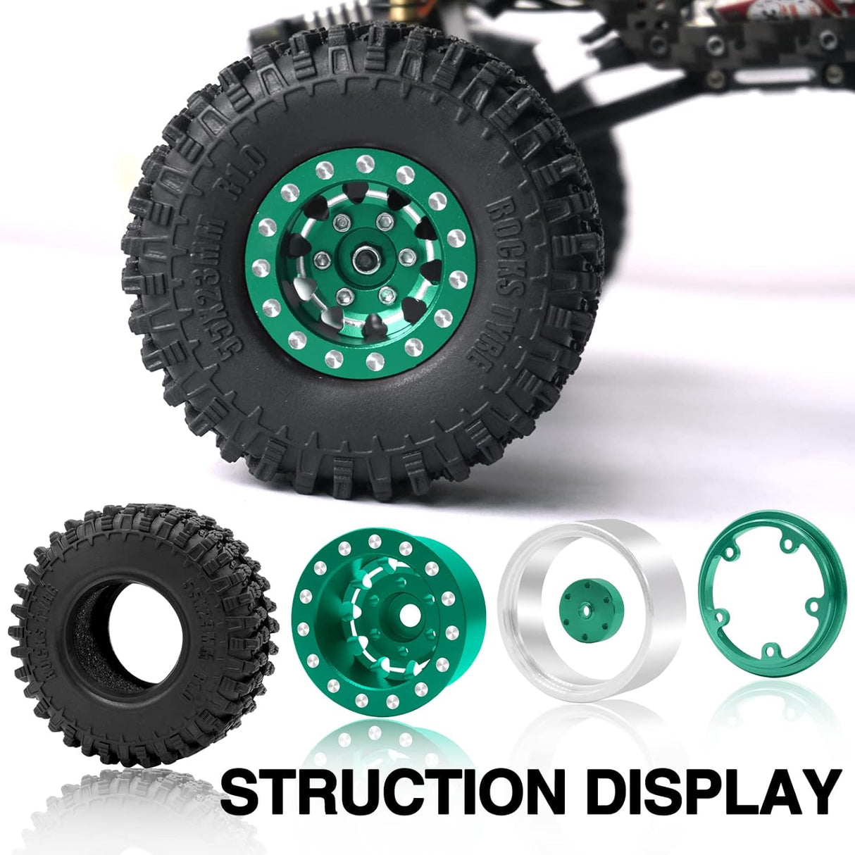 IRonManRc 1.0 Wheels Deep Dish Rims Wheels w/ 1.0 Tires for Axial SCX24 & TRX4M (GREEN)