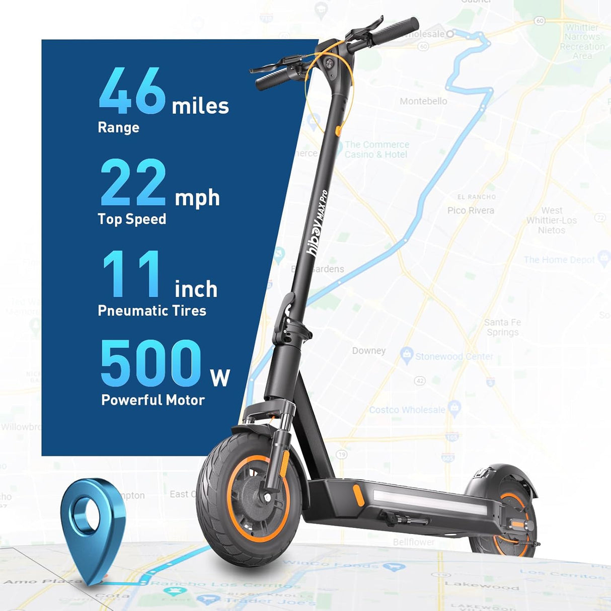 Hiboy MAX Pro Electric Scooter, 46.6 Mi Long Range, 22 MPH Power by 650W MAX Motor, 11'' Pneumatic Tires, Split Hub Design, Dual Suspension, 265lbs MAX Load, Commuting Electric Scooter for Adults