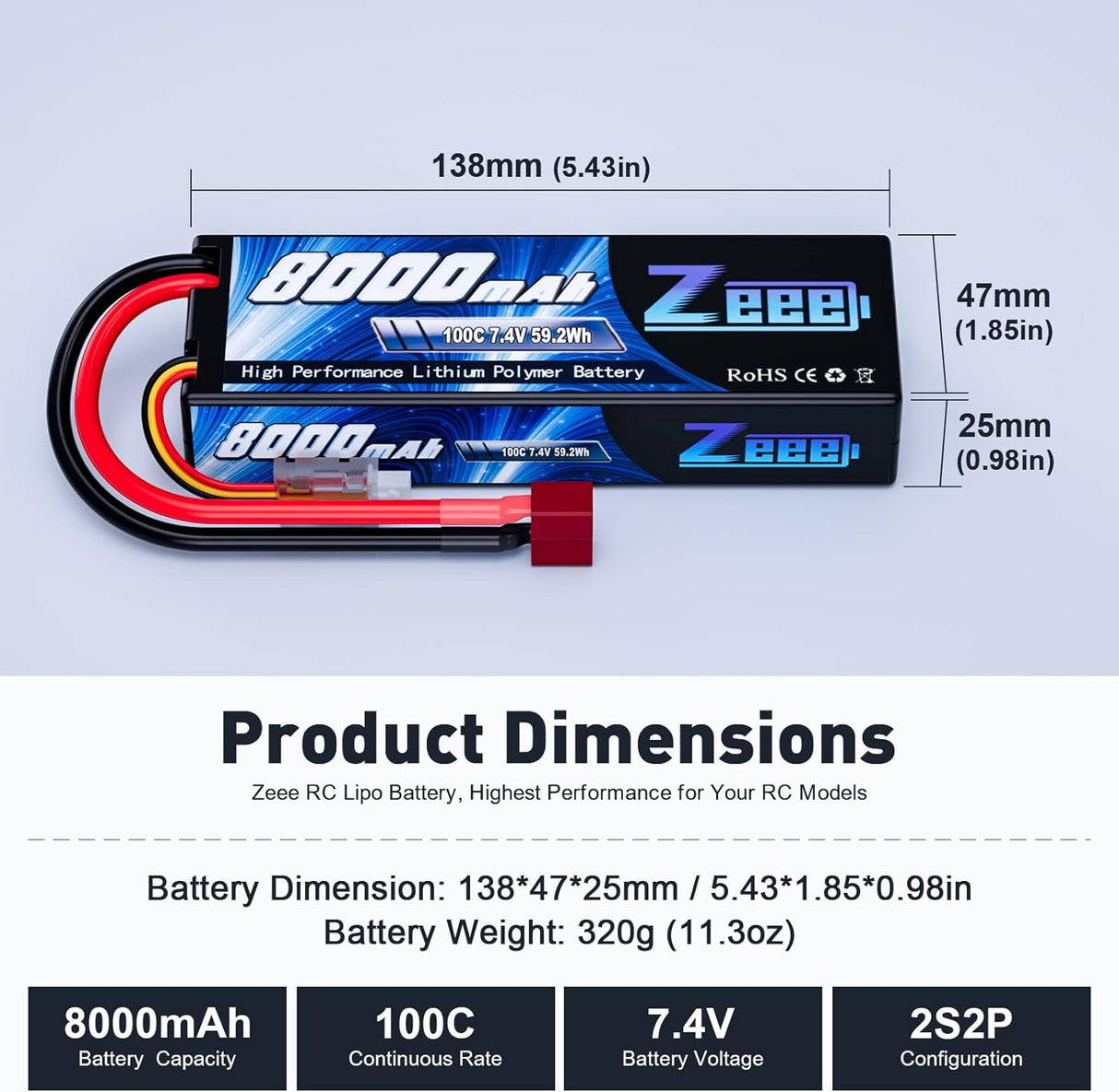 Batterie Lipo Zeee 2S 8000mAh 7.4V 100C, étui rigide, prise Deans