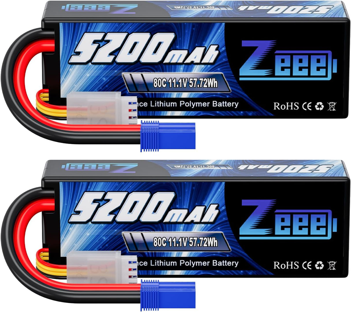 Batterie Lipo Zeee 11,1 V 80C 5200 mAh 3S avec connecteur EC5 batterie rigide (2 paquets)