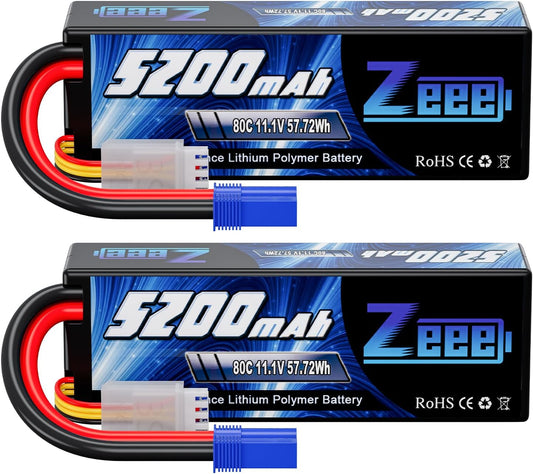 Zeee 11.1V 80C 5200mAh 3S Lipo Battery with EC5 Connector Hardcase Battery (2 Packs)