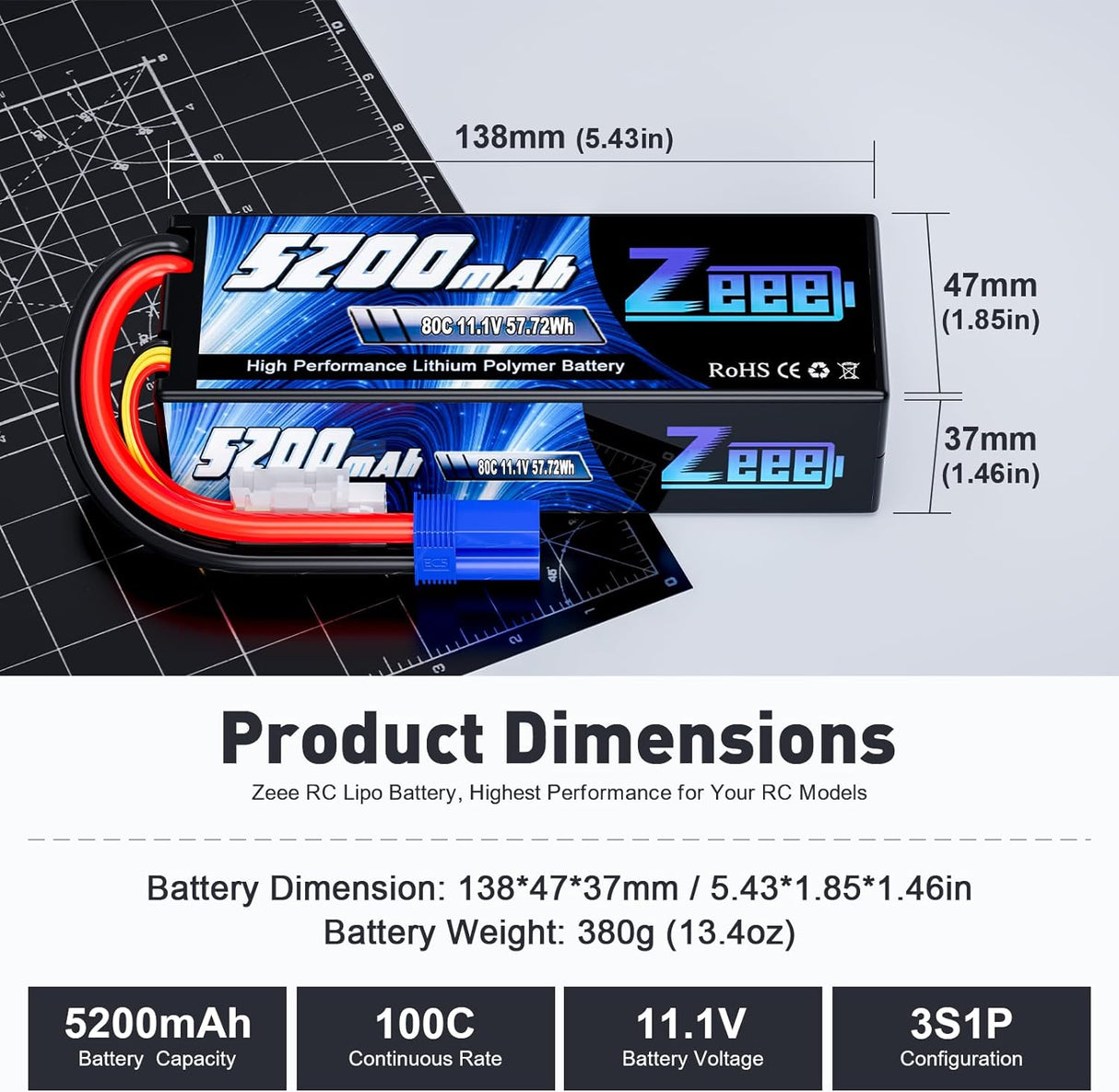 Batterie Lipo Zeee 11,1 V 80C 5200 mAh 3S avec connecteur EC5 batterie rigide (2 paquets)