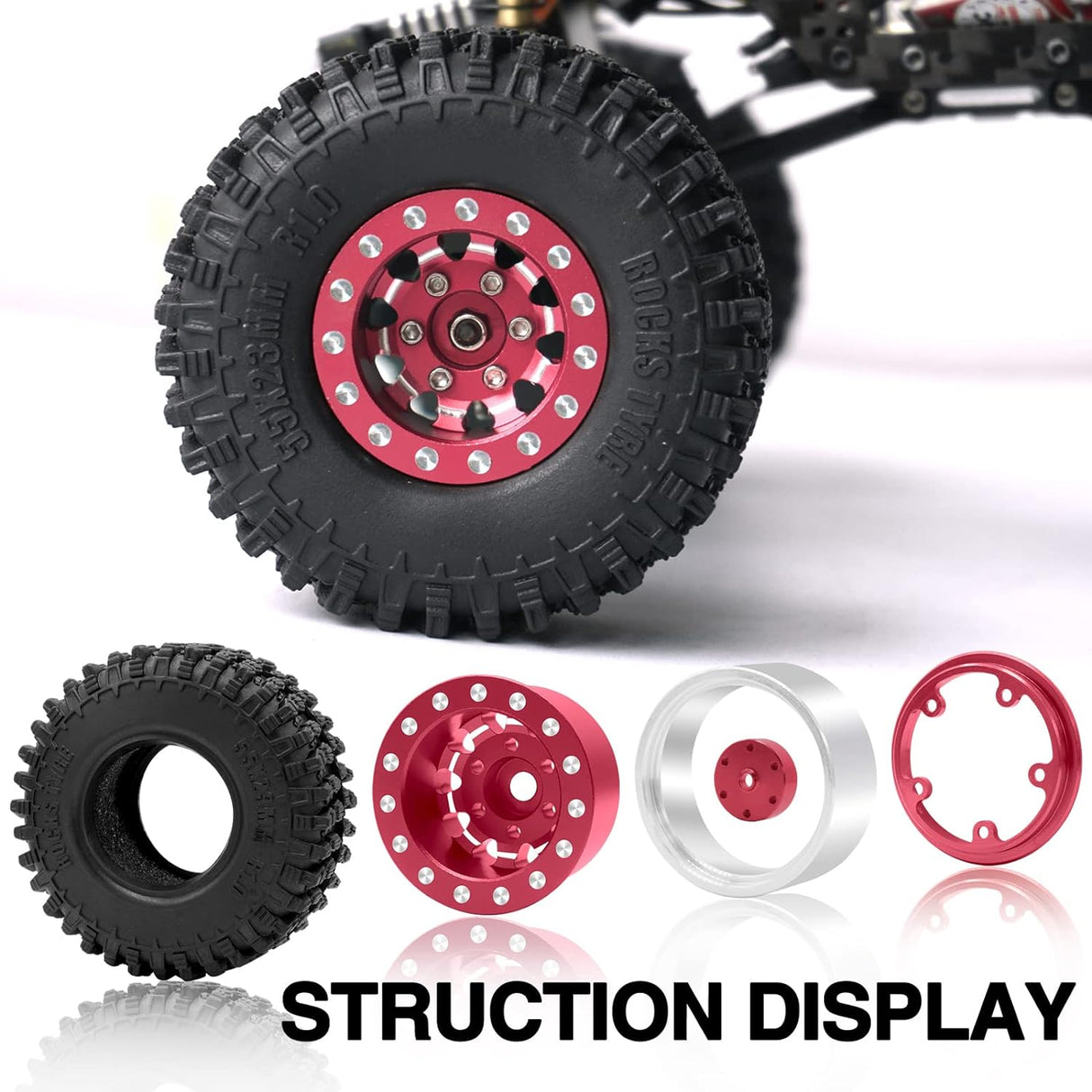 IRonManRc 1.0 Wheels Deep Dish Rims Wheels w/ 1.0 Tires for Axial SCX24 & TRX4M (RED)