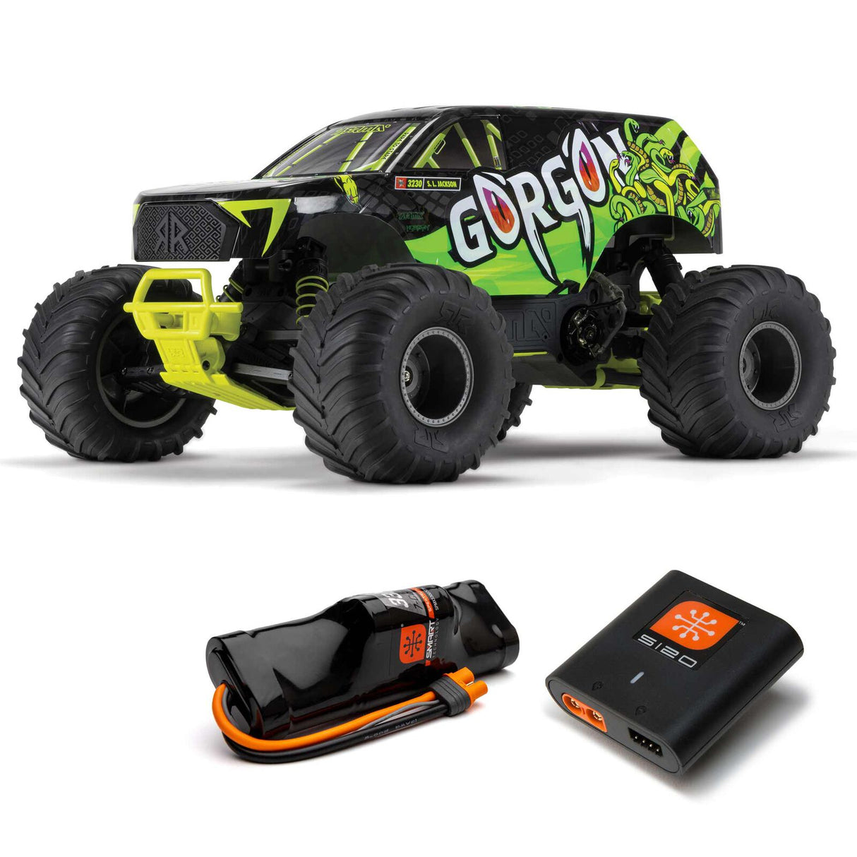 ARRMA ARA3230ST1 1/10 GORGON 4X2 MEGA 550 Monster Truck RTR cepillado con batería y cargador, amarillo
