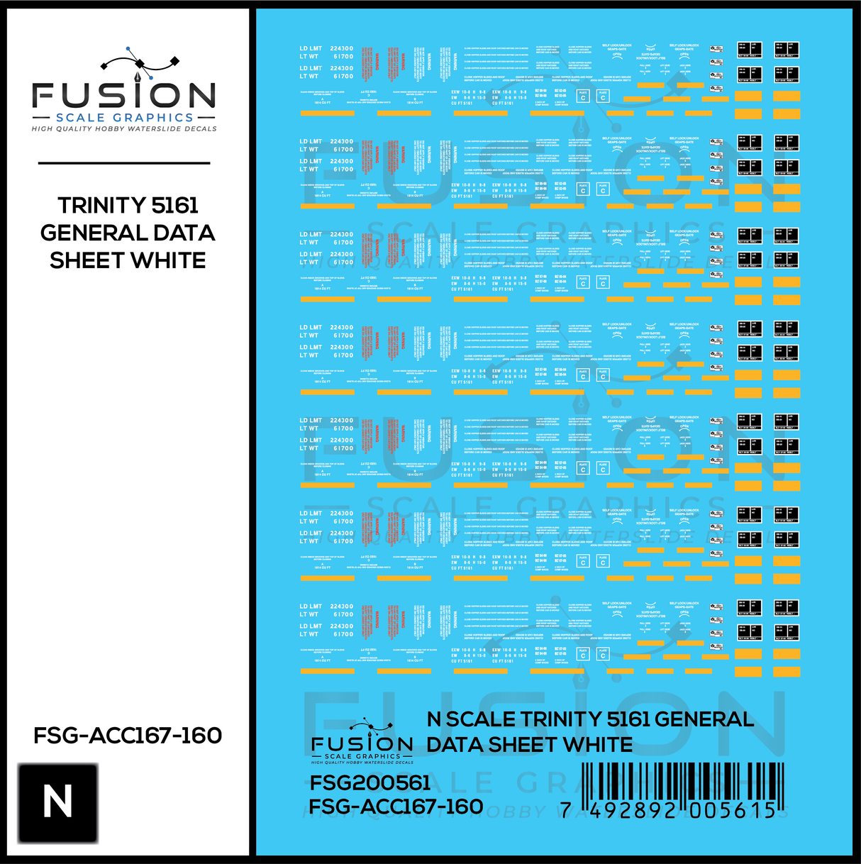 N Scale Trinity 5161 Cu. Ft. Covered Hopper White General Data Decal Set