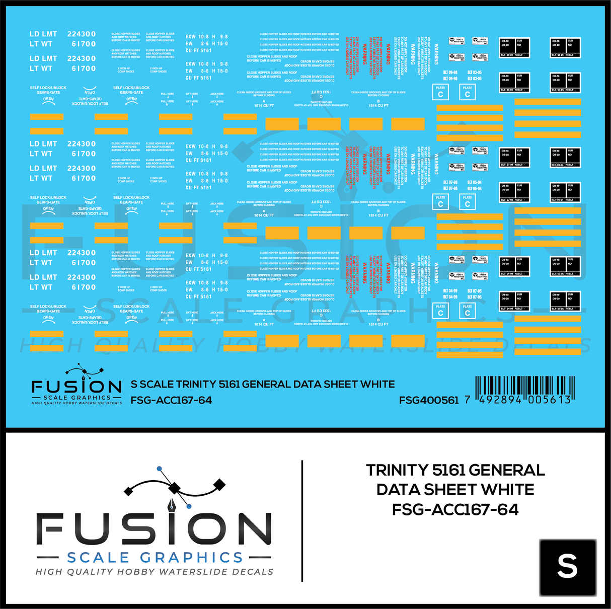 S Scale Trinity 5161 Cu. Ft. Covered Hopper White General Data Decal Set