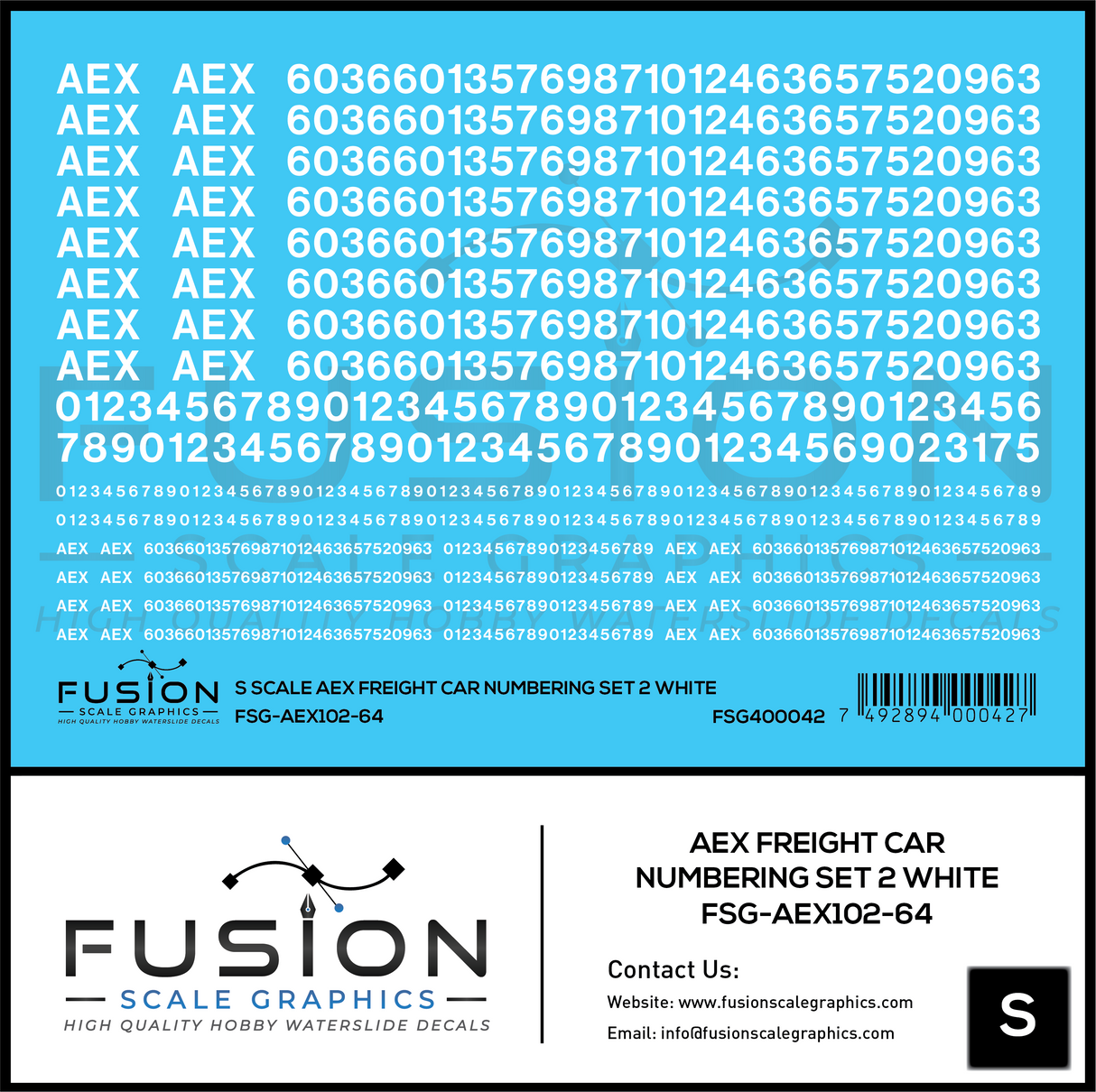 S Scale AEX Freight Car Numbering Set 2 White Decal Set