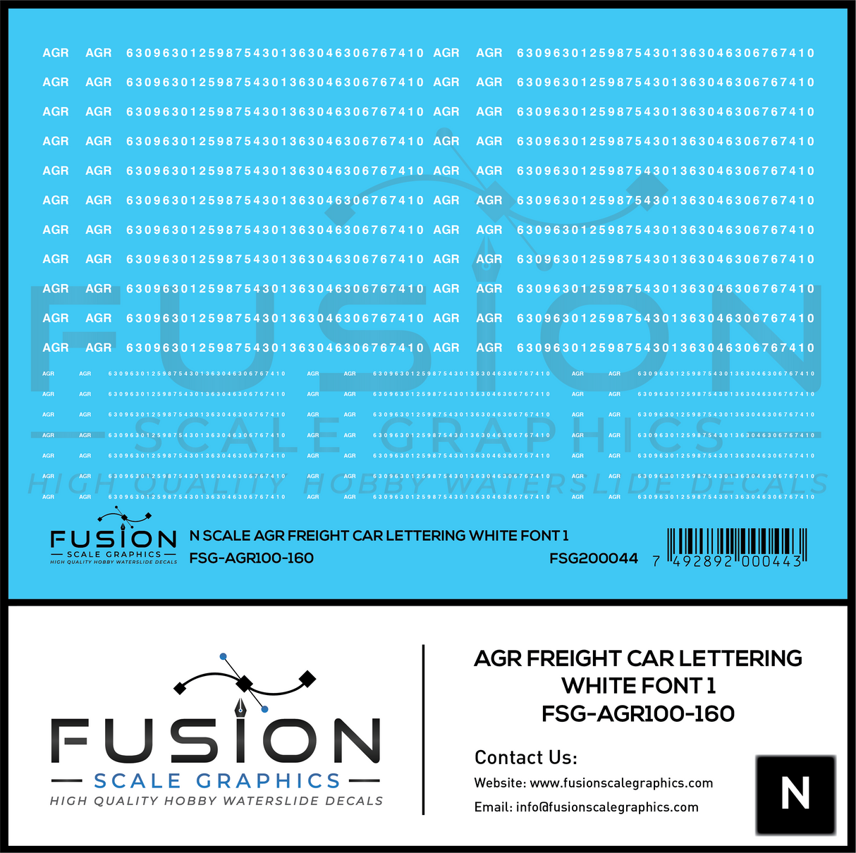 N Scale AGR Freight Car Lettering White Font 1 Decal Set