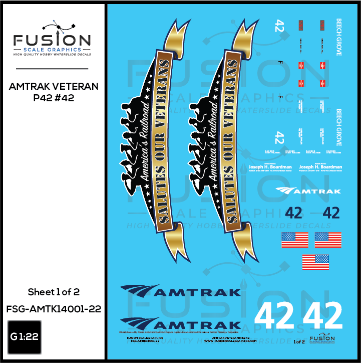 G Scale 1:22 Amtrak GE P42 Veterans 42 Decal Set