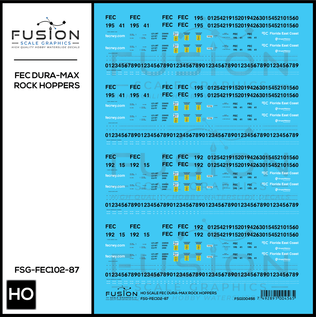 HO Scale Florida East Coast Dura-Max Rock Hopper Cars Decal Set