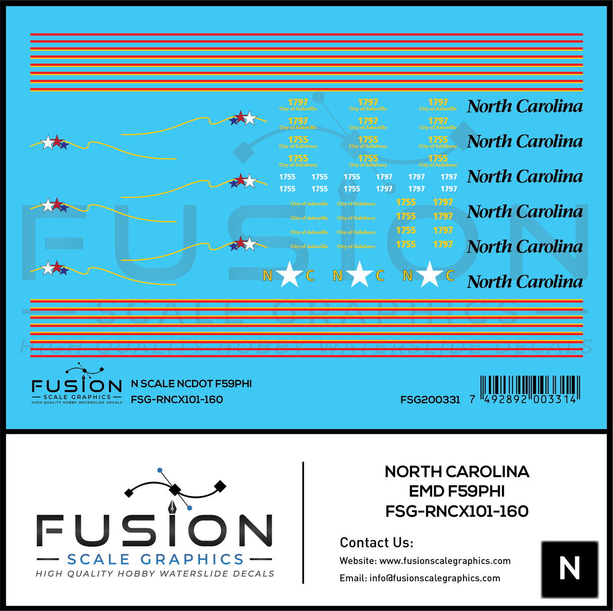 N Scale North Carolina DOT EMD F59PHI Locomotive Decal Set