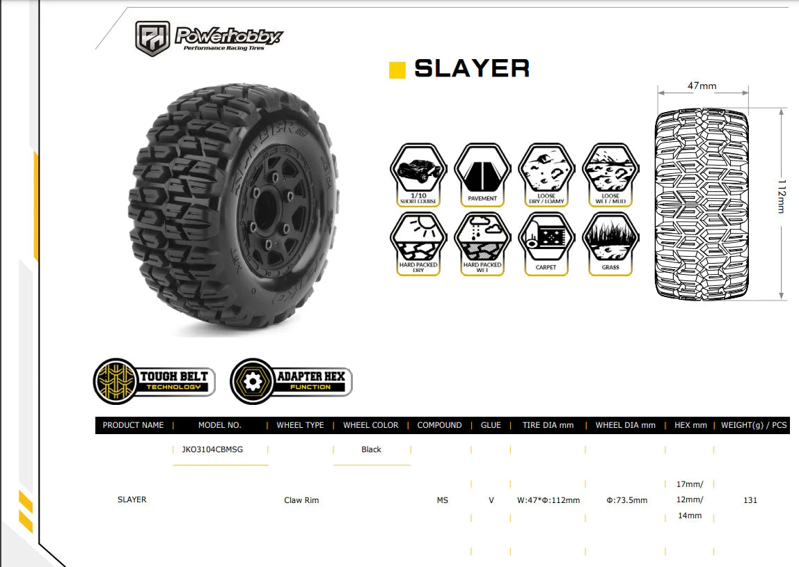 Powerhobby PHB3104CBMSGB Slayer SC Belted Tires (2) with Removable Hex Wheels