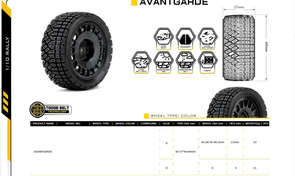 Powerhobby 1/10 Rally Car Avantgarde Mounted Tires Claw Wheels (4) 12mm HEX
