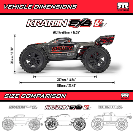 ARRMA ARA8708V6T1 1/8 KRATON 6S EXB 4X4 RTR Brushless Speed Truck, BLACK