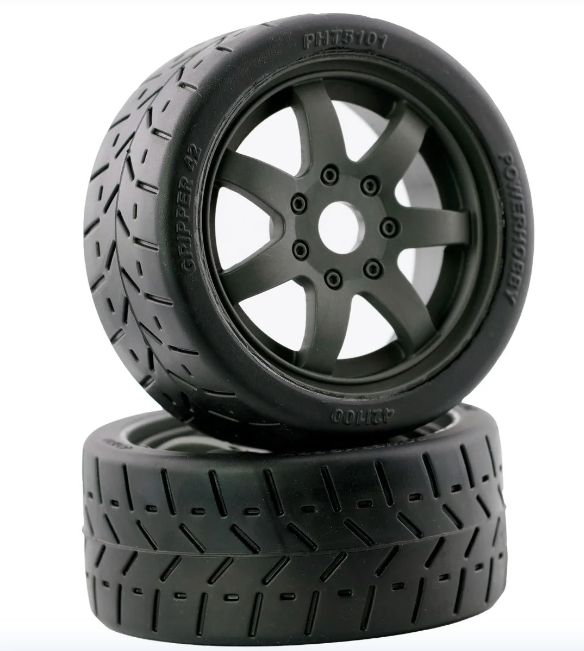 Powerhobby 1/8 Gripper 42/100 Belted Mounted Tires 17mm Grey Wheels