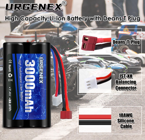URGENEX 3000mAh 7.4 V Li-ion Battery with Dean-Style T Plug 2S Rechargeable RC Battery 1/10, 1/12, 1/16 Scale RC Cars Trucks with 7.4V Battery Charger