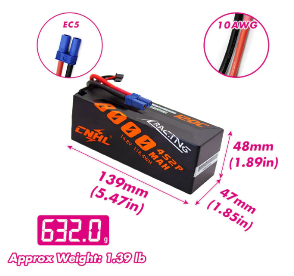 CNHL Racing Series 8000mAh 14.8V 4S 120C Hard Case Lipo Battery with EC5 Plug