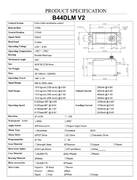 AGFRC B44DLM V2 25T Spline Metal Gear 15KG High Torque Low profile Digital DC Servo Motor