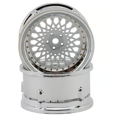 DS Racing Element Mesh Drift Wheels (White w/Chrome Lip & Gold Rivets) (Adjustable Offset) (2) w/12mm Hex