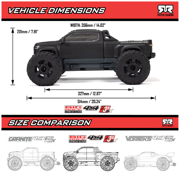 ARRMA 1/10 BIG ROCK 223S DSC 4X4 RTR Brushless Monster Truck, BLACK , BLUE , OR GREEN