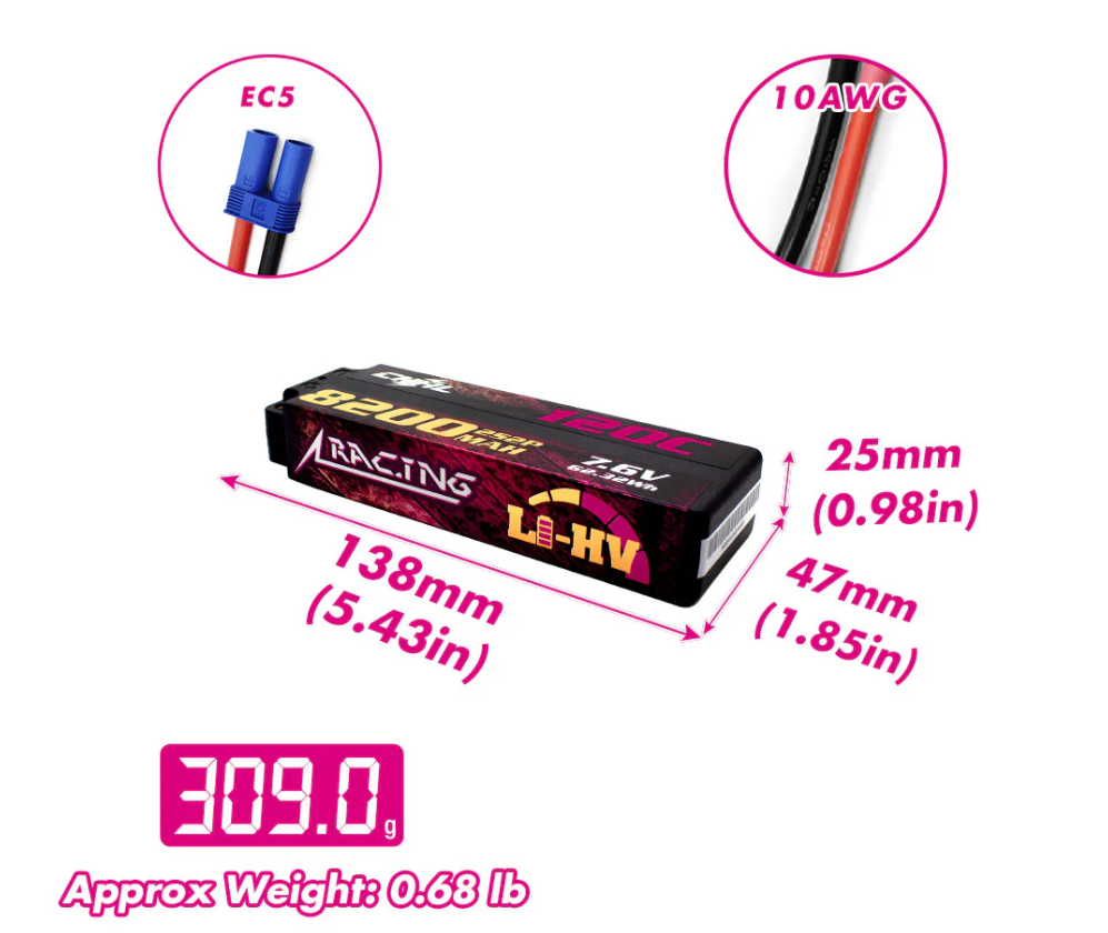 CNHL 2s lipo battery 8200mah 7.6v Click to expand CNHL Racing Series LiHV 8200mAh 7.6V 2S 120C HV Hard Case Lipo Battery with EC5 Plug For RC Racing