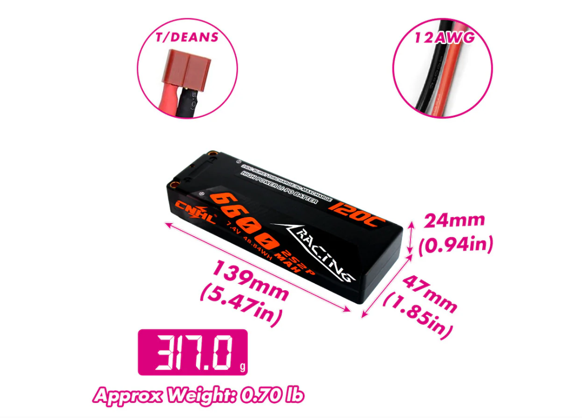 CNHL HC6601202X Series 6600mAh 7.4V 2S 120C Hard Case Lipo Battery with T/Dean Plug