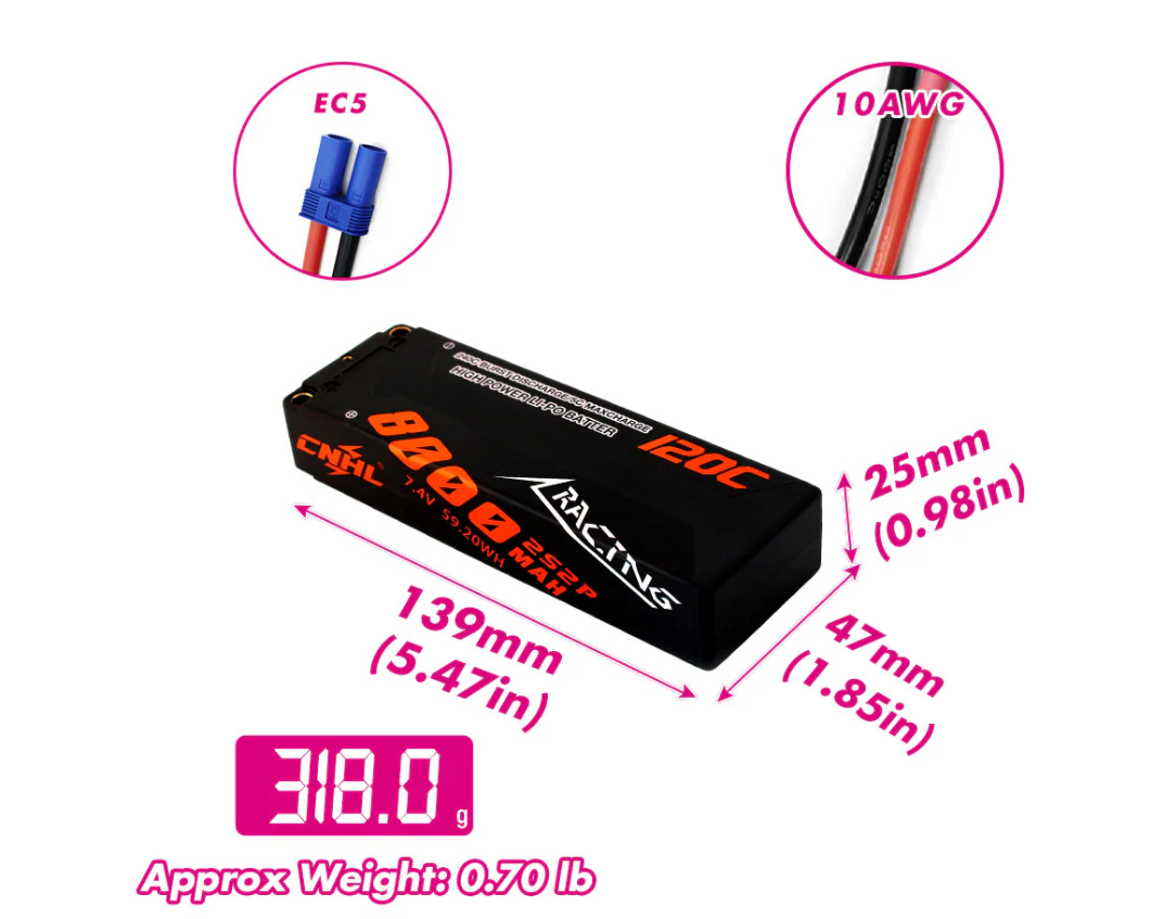 CNHL HC8001202XEC5Racing Series 8000mAh 7.4V 2S 120C Hard Case Lipo Battery with EC5 Plug