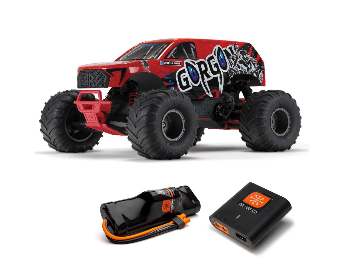 Arrma ARA3230ST2 GORGON 4X2 MEGA 550 Cepillado 1/10 Monster Truck RTR (Rojo) con radio SLT2 de 2,4 GHz, batería y cargador