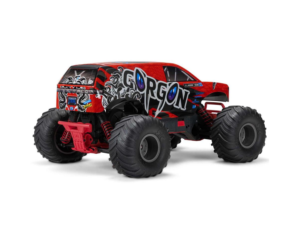 Arrma ARA3230ST2 GORGON 4X2 MEGA 550 Cepillado 1/10 Monster Truck RTR (Rojo) con radio SLT2 de 2,4 GHz, batería y cargador