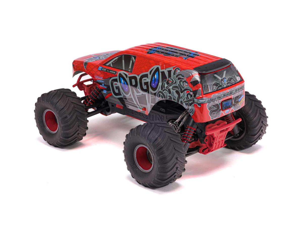 Arrma ARA3230ST2 GORGON 4X2 MEGA 550 Cepillado 1/10 Monster Truck RTR (Rojo) con radio SLT2 de 2,4 GHz, batería y cargador