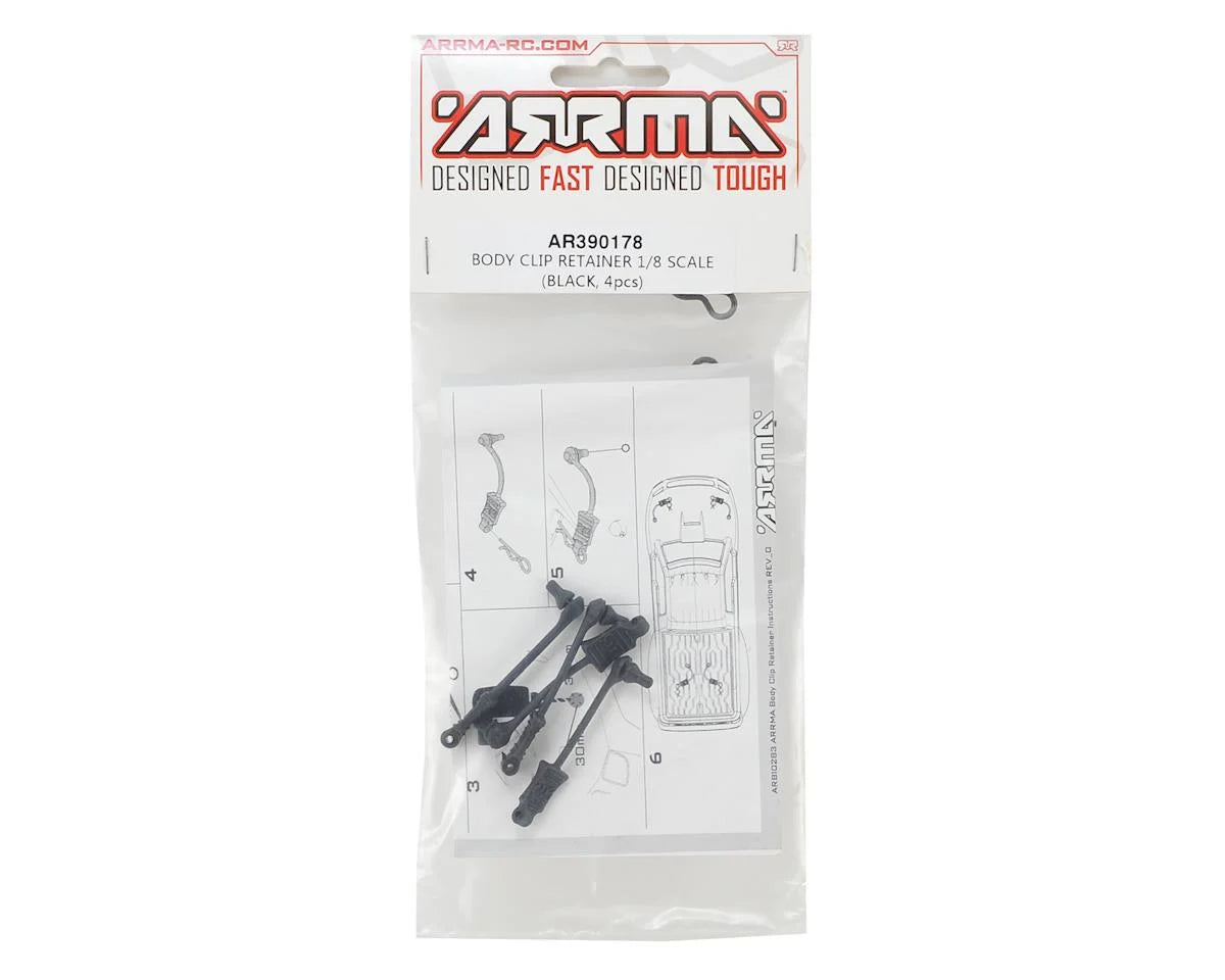 Arrma ARA390178 Clips de corps 1/8 avec dispositifs de retenue en caoutchouc (noir) (4)
