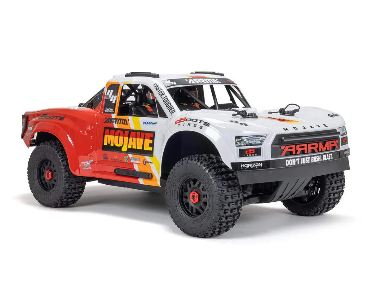 Arrma ARA4404T1 MOJAVE 4S BLX Brushless 1/8 4WD RTR Electric Desert Truck (blanc/rouge) avec radio Spektrum SLT3 2,4 GHz