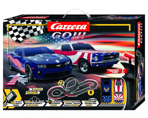 Carrera GO!!! Street Legends 1/43 Slot Car Racing Track Set w/Ford Mustang & Chevrolet Camaro Stars 'n Stripes Cars