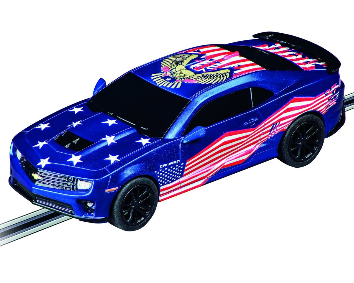 Carrera GO!!! Street Legends 1/43 Slot Car Racing Track Set w/Ford Mustang & Chevrolet Camaro Stars 'n Stripes Cars
