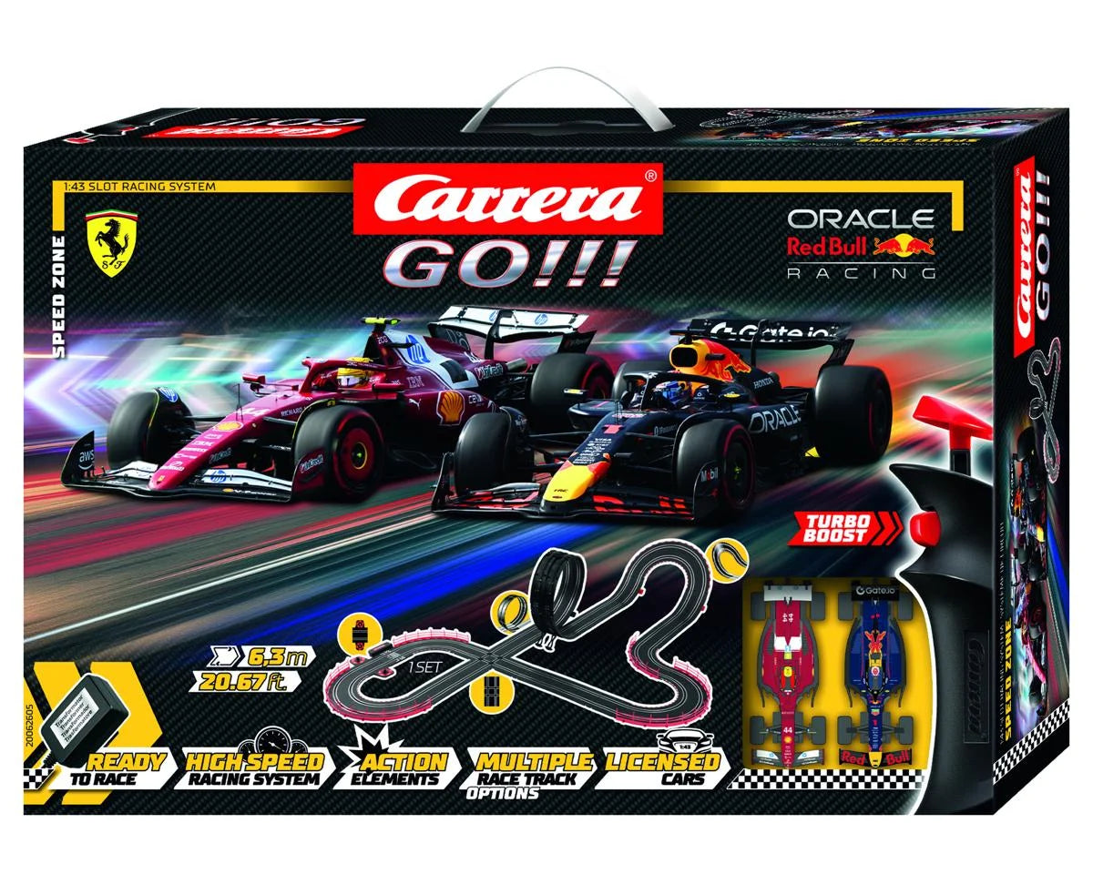 Carrera GO!!! Speed Zone 1/43 Slot Car Racing Track Set w/Oracle Red Bull Racing RB21 & Ferrari SF-25 Formula 1 Cars