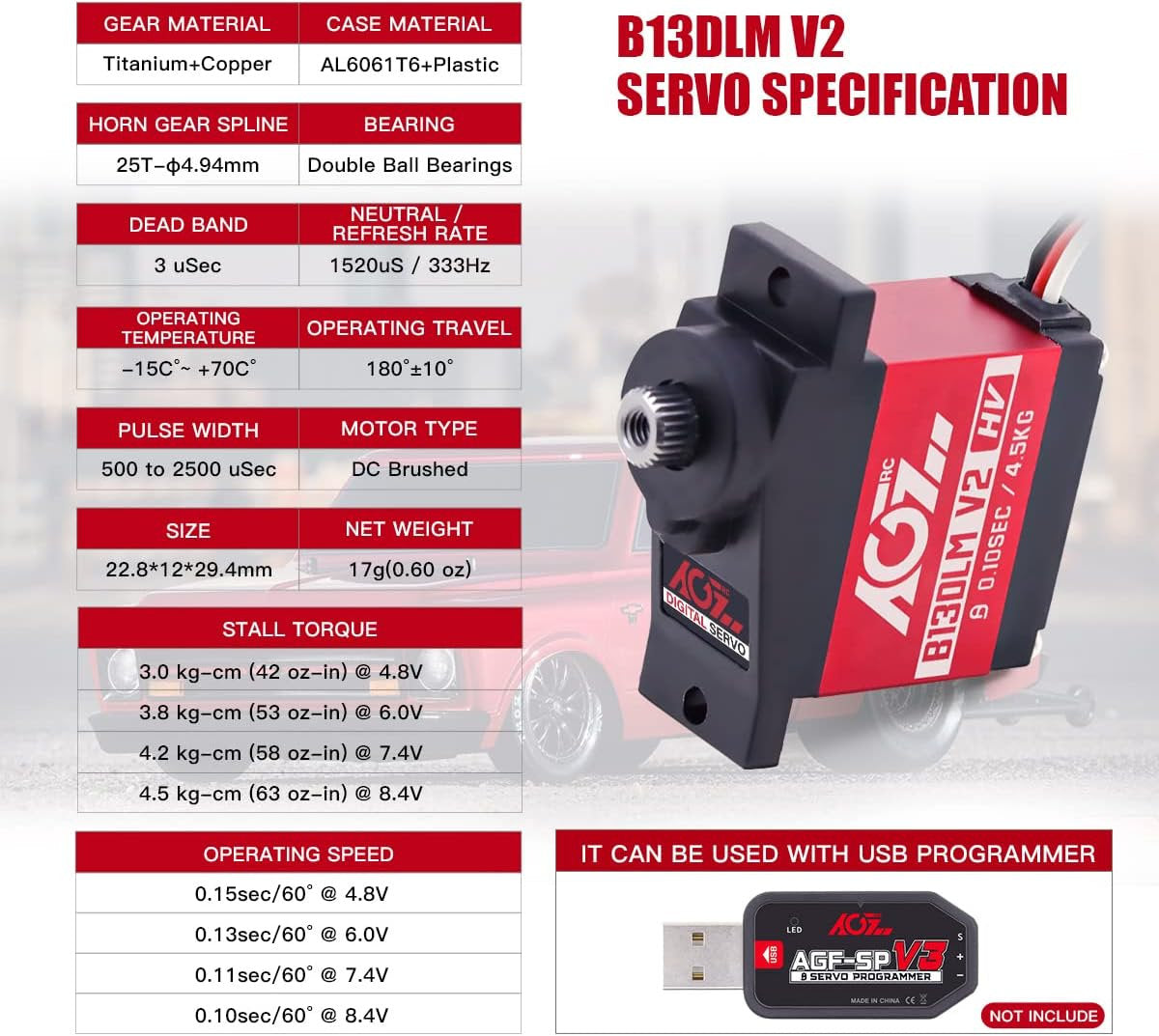 AGFRC B13DLM Sub-Micro Servo boîtier métallique engrenage en titane 4.5 kg HV Mini Servo TRX4M