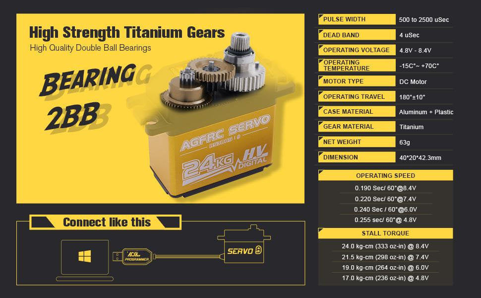 AGFRC – servomoteur numérique à couple élevé, 24KG, Programmable, engrenage métallique, direction