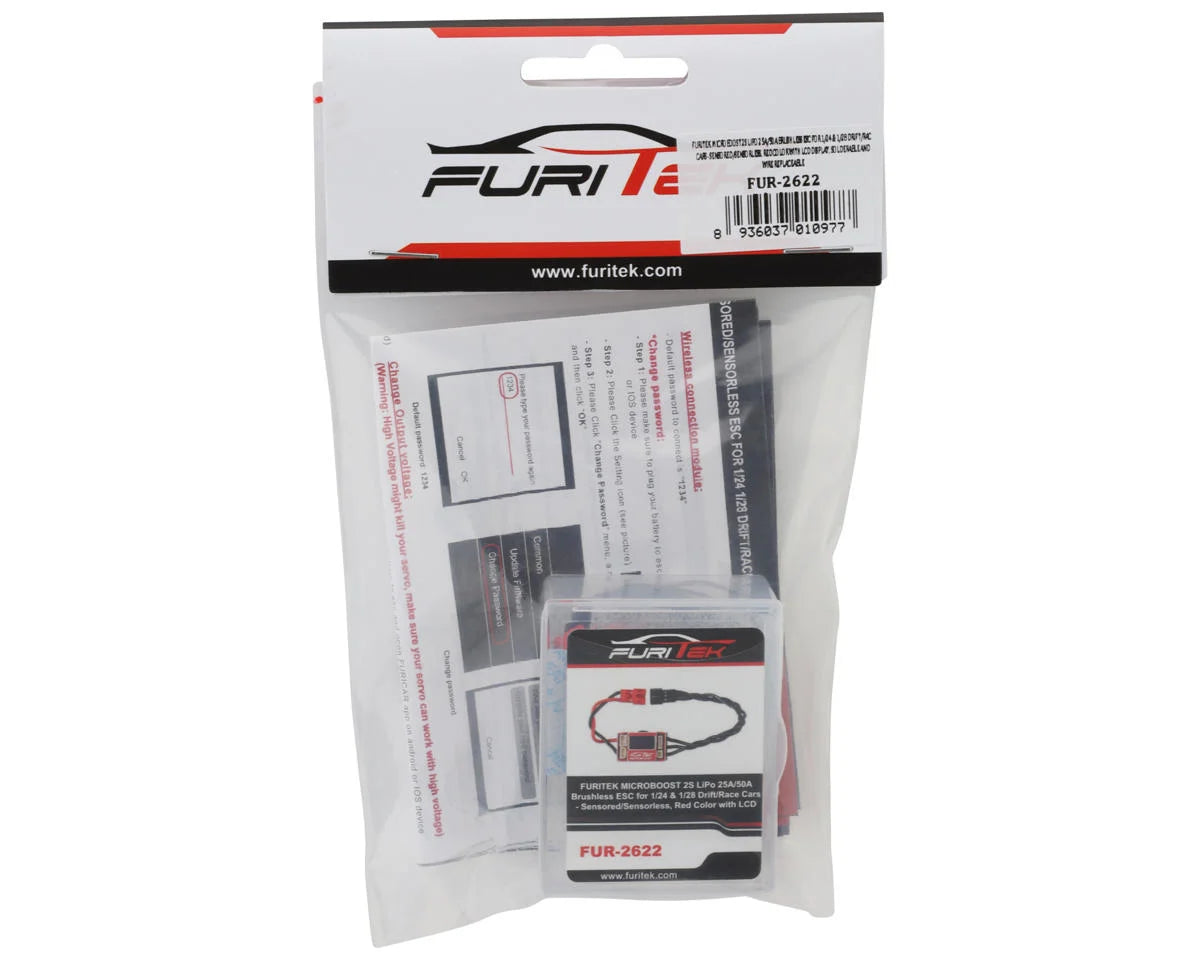 FURITEK FUR-2622 MICROBOOST 2S LiPo 25A/50A Brushless ESC for 1/24 & 1/28 Drift/Race Cars - Sensored/Sensorless, Red Color with LCD Display, Solderable and Wire Replaceable