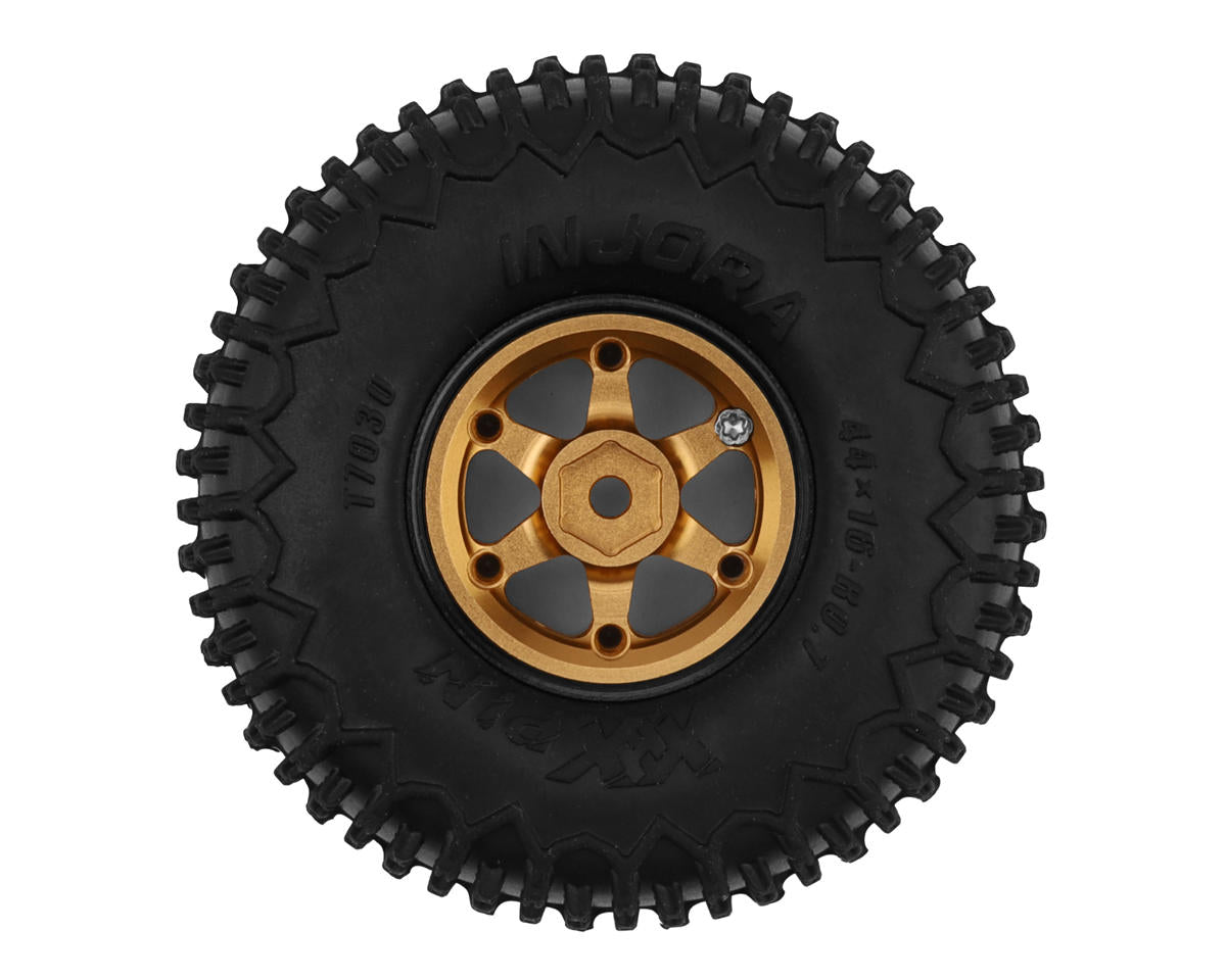 Injora INJW7502GD-T7030 Ascent-32 0.75 XHX-Pin Tires w/Six-Spoke Aluminum Bead-lock Wheels (S5) (Gold) (4) (5g ea) (44mm OD)