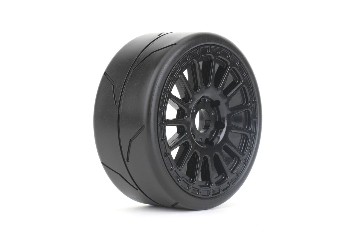 JETKO JKO1105RBMSGB 1/8 GT Pneus de course plus rapides montés sur jantes radiales noires, moyennement souples, ceinturés
