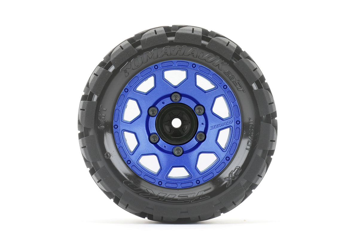 JETKO JKO2701CLMSGNB2 1/10 ST 2.8 EX-Tomahawk Tires Mounted on Metal Blue Claw Rims, Medium Soft, Glued, 12mm 1/2" Offset