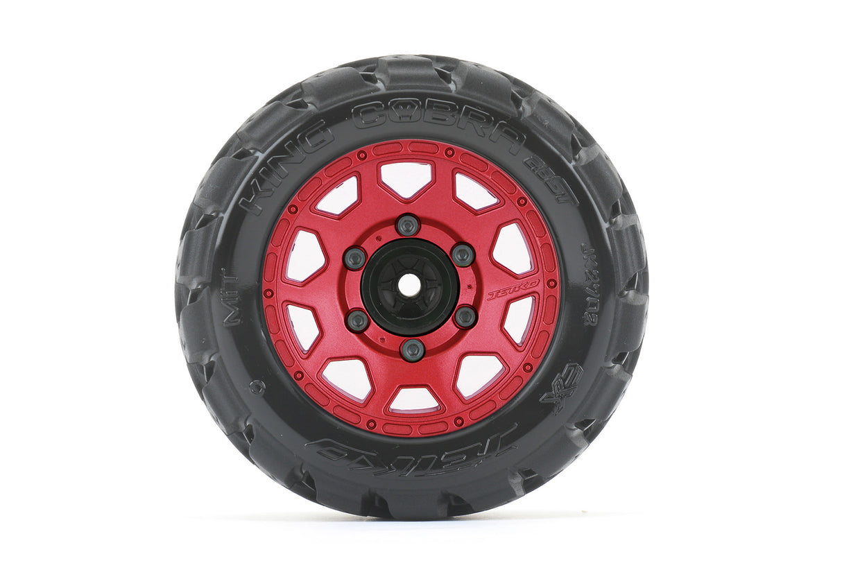 JETKO JKO2702CRMSGNB1 1/10 ST 2.8 EX-King Cobra Tires Mounted on Metal Red Claw Rims, Medium Soft, Glued, 12mm 0" Offset