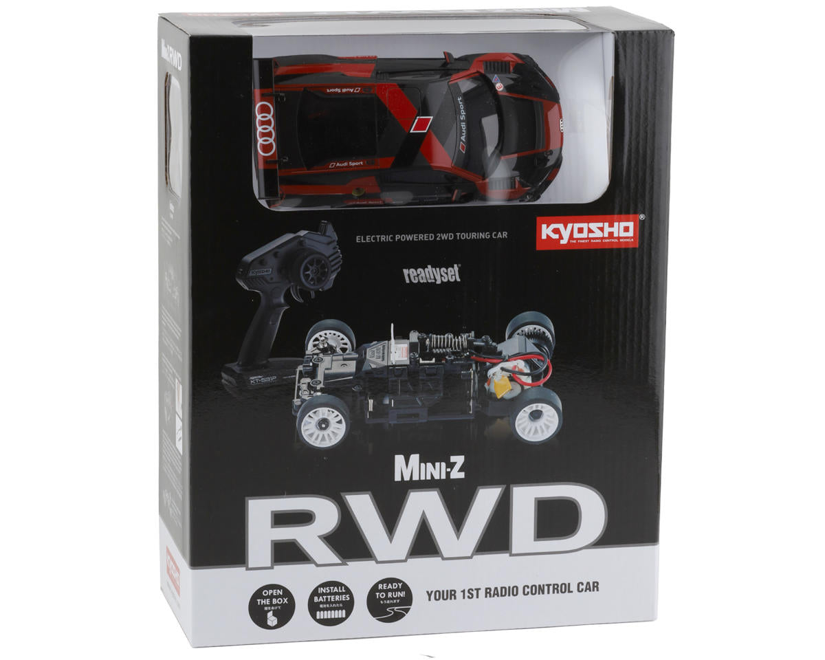 Kyosho KYO32344BKR MR-03 RWD Mini-Z ReadySet con cuerpo Audi R8 2016 LMS con radio de 2,4 GHz (negro/rojo)